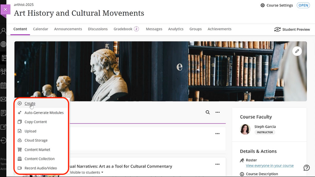 Course content page highlighting dropdown menu for creating content